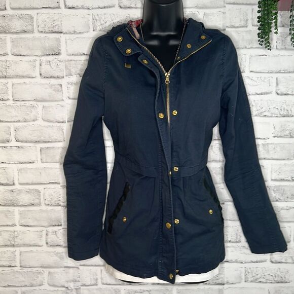 Aina Be Womens Jacket Blue Zip Up Hooded Snap Buttons Pockets Plaid Small - Picture 1 of 8